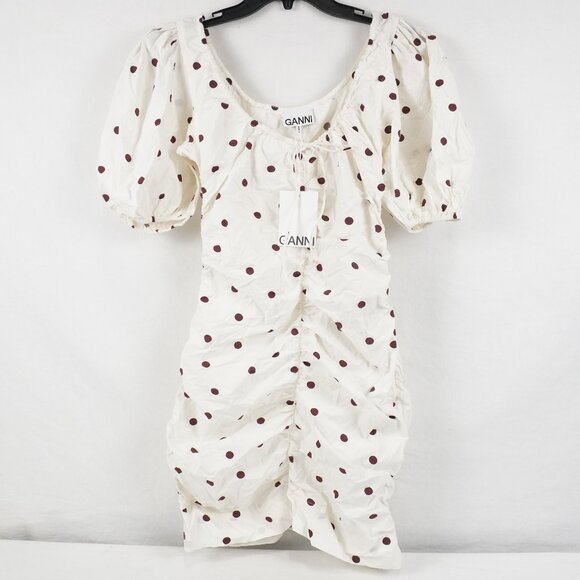 Ganni Ruched Polka Dot Mini Dress with Bow in White and Brown Size 34 - NWD - Picture 2 of 13